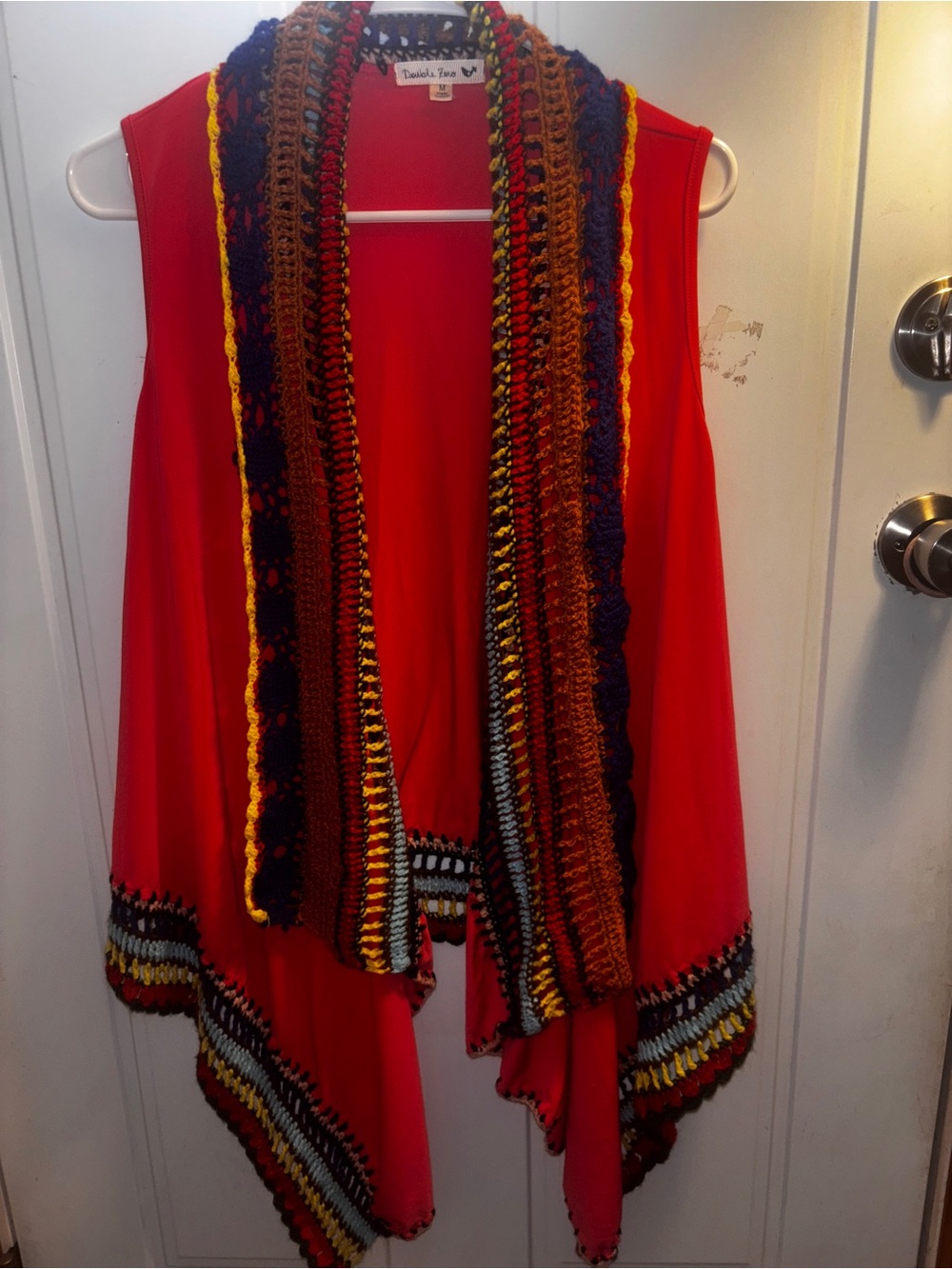 Double D Ranch Med. Vibrant Red Sleeveless Crochet Multi Colored Trimmed Vest